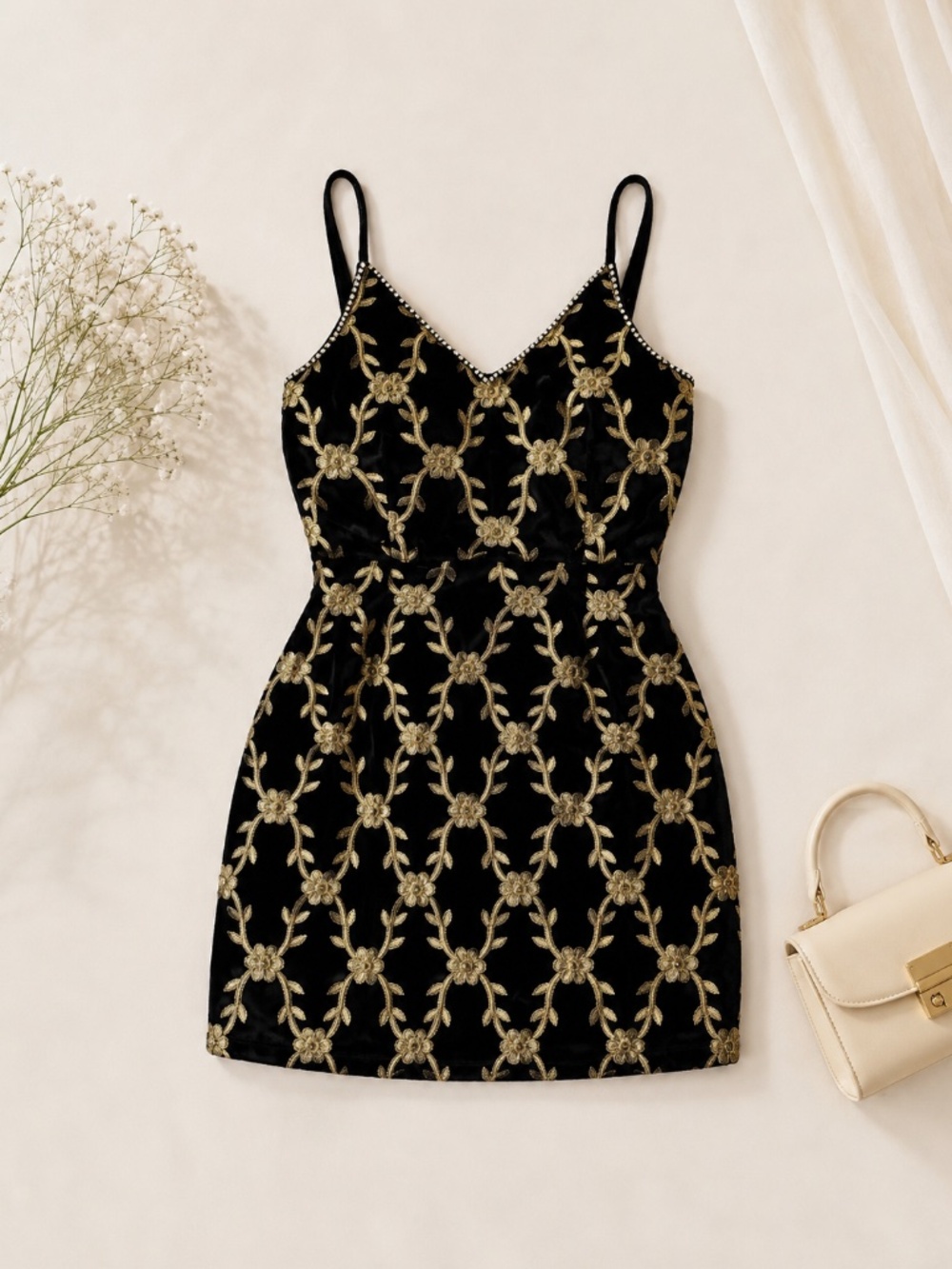 Nasty Gal Black Velvet Gold Embroidered Mini Dress Size 2